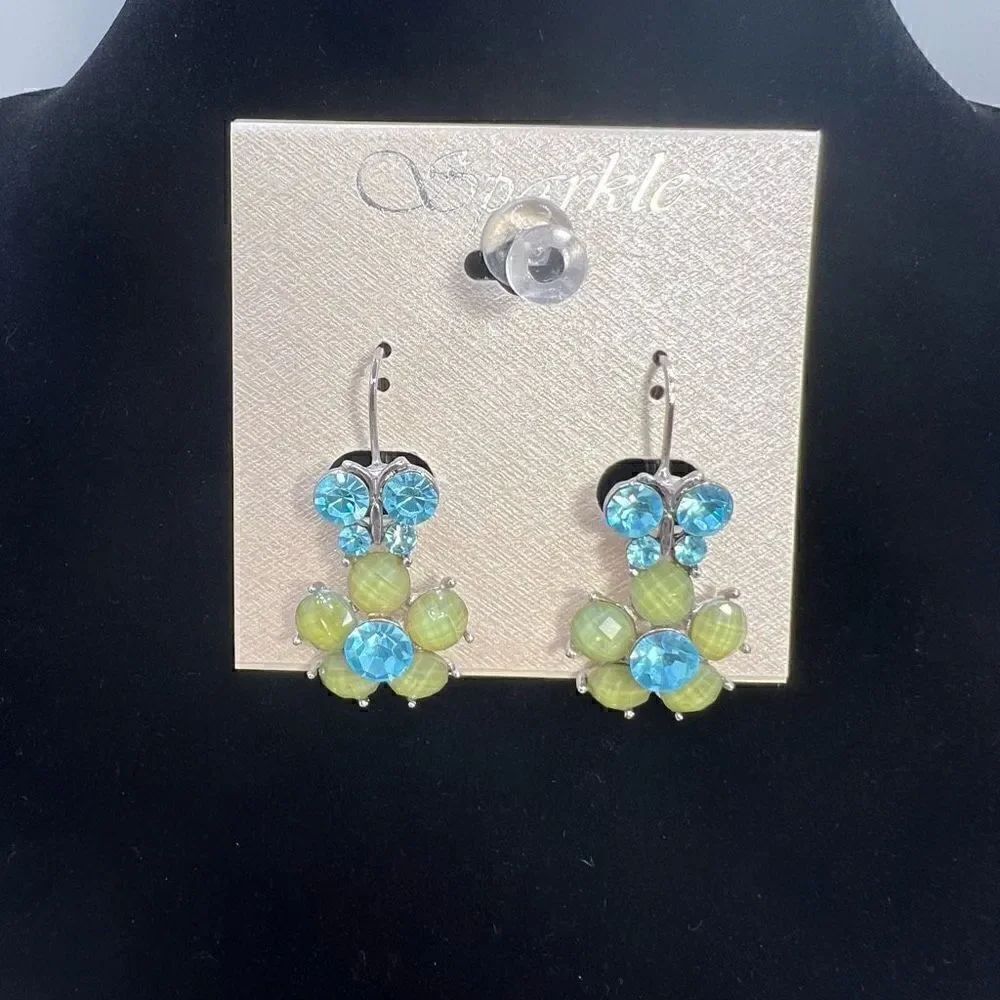 Earrings Flower Shaped Pierced Clip Silver Toned Blue Yellow Rhinestones